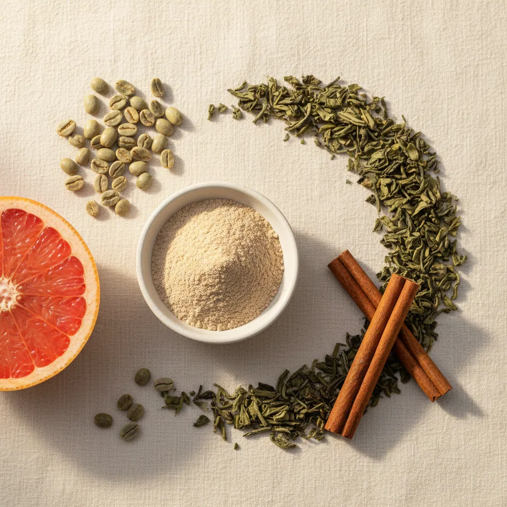 Natural botanical ingredients for Wellaray Coffee: green coffee beans, L-Carnitine powder, dried green tea leaves, cinnamon