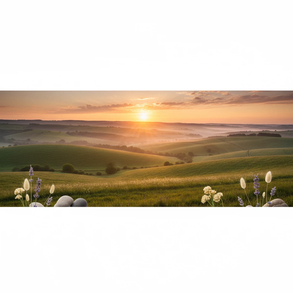 Serene sunrise landscape over rolling hills - representing a positive, energised start to the day