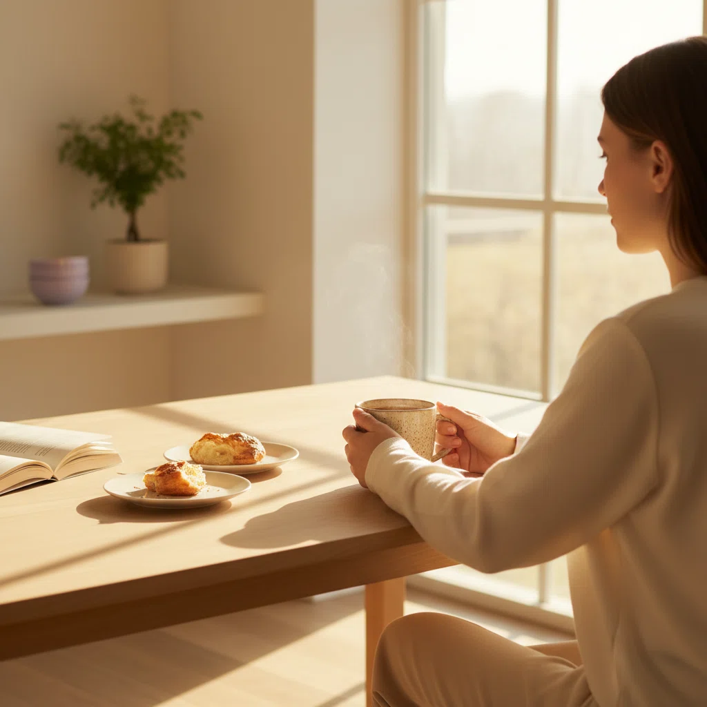 Person holding a warm mug of coffee in a bright morning kitchen - starting the day with a positive ritual